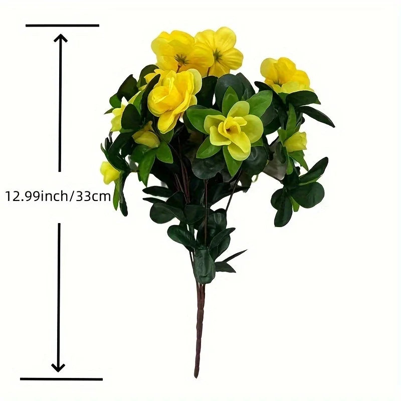 A cluster of bright yellow artificial azalea flowers and green leaves on a stem.