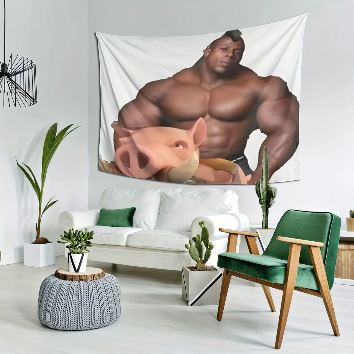 A large tapestry featuring a muscular man and a pig, displayed on a white wall.