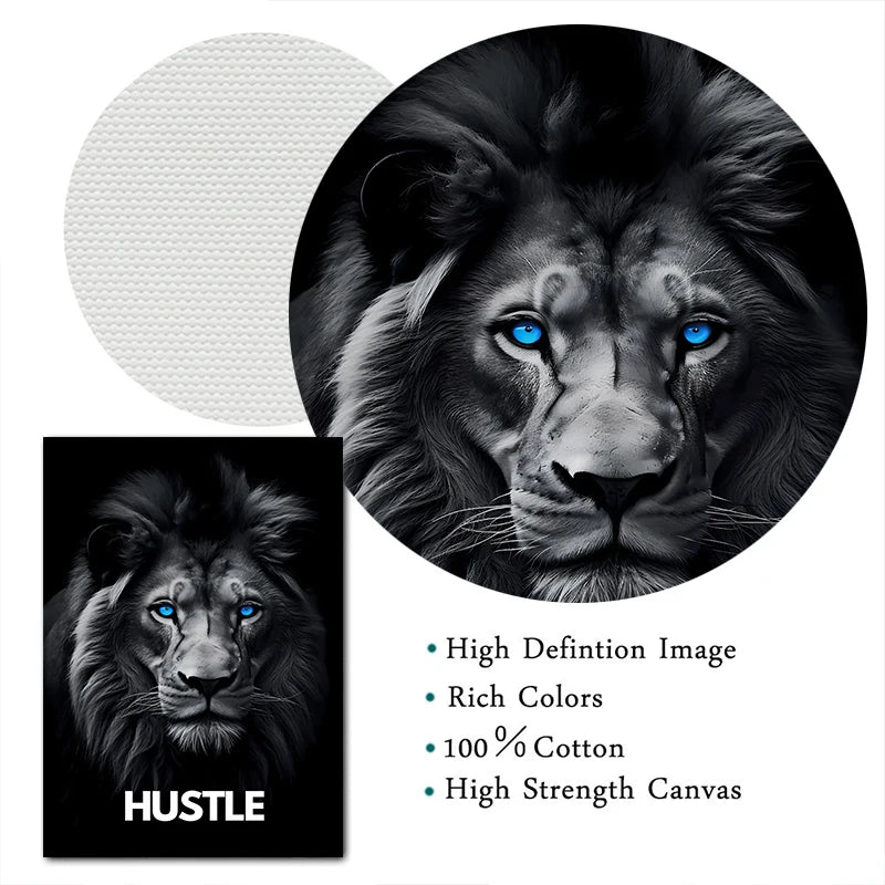 A close-up black and white photograph of a majestic lion's face with striking blue eyes, printed on a canvas.
