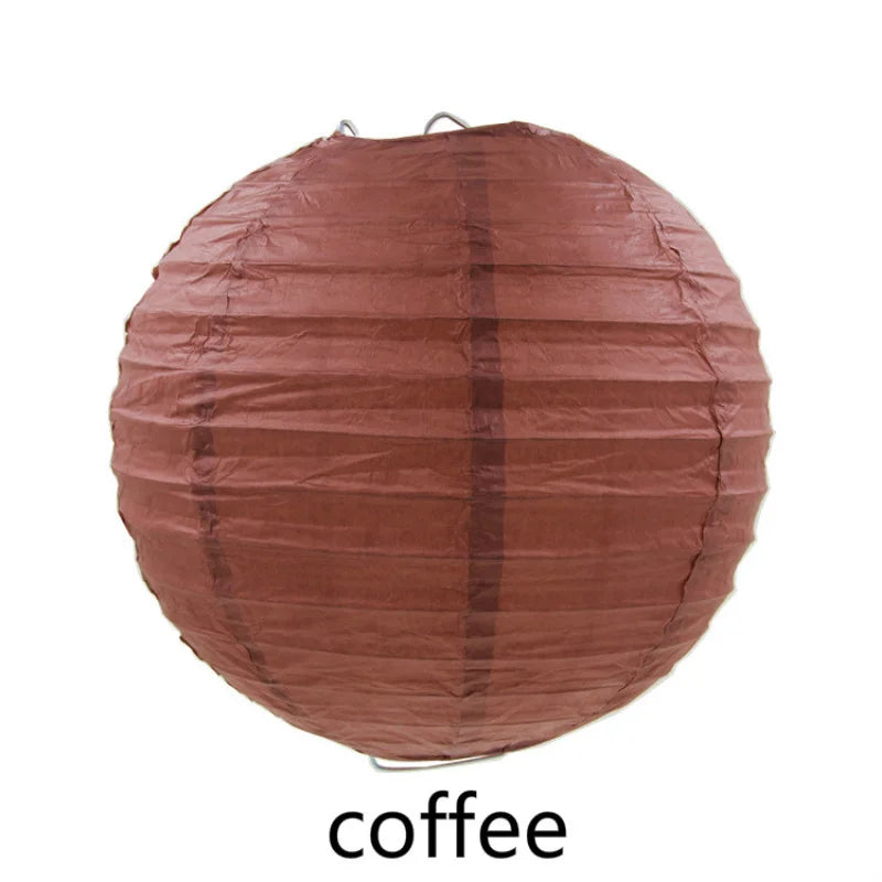 A round, reddish-brown paper lantern with vertical stripes.