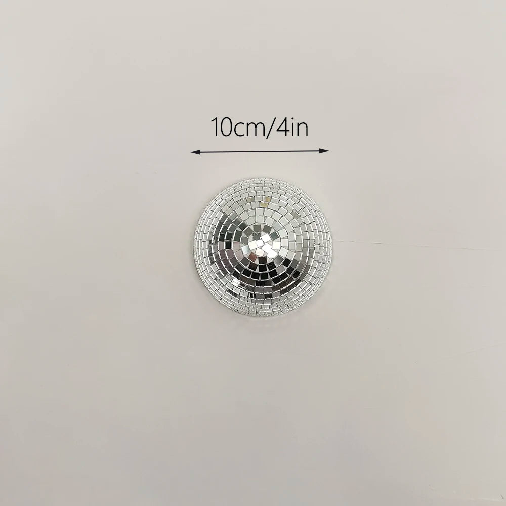 Silver semicircular wall-mounted disco ball decor with a 10cm/4in dimension marker.