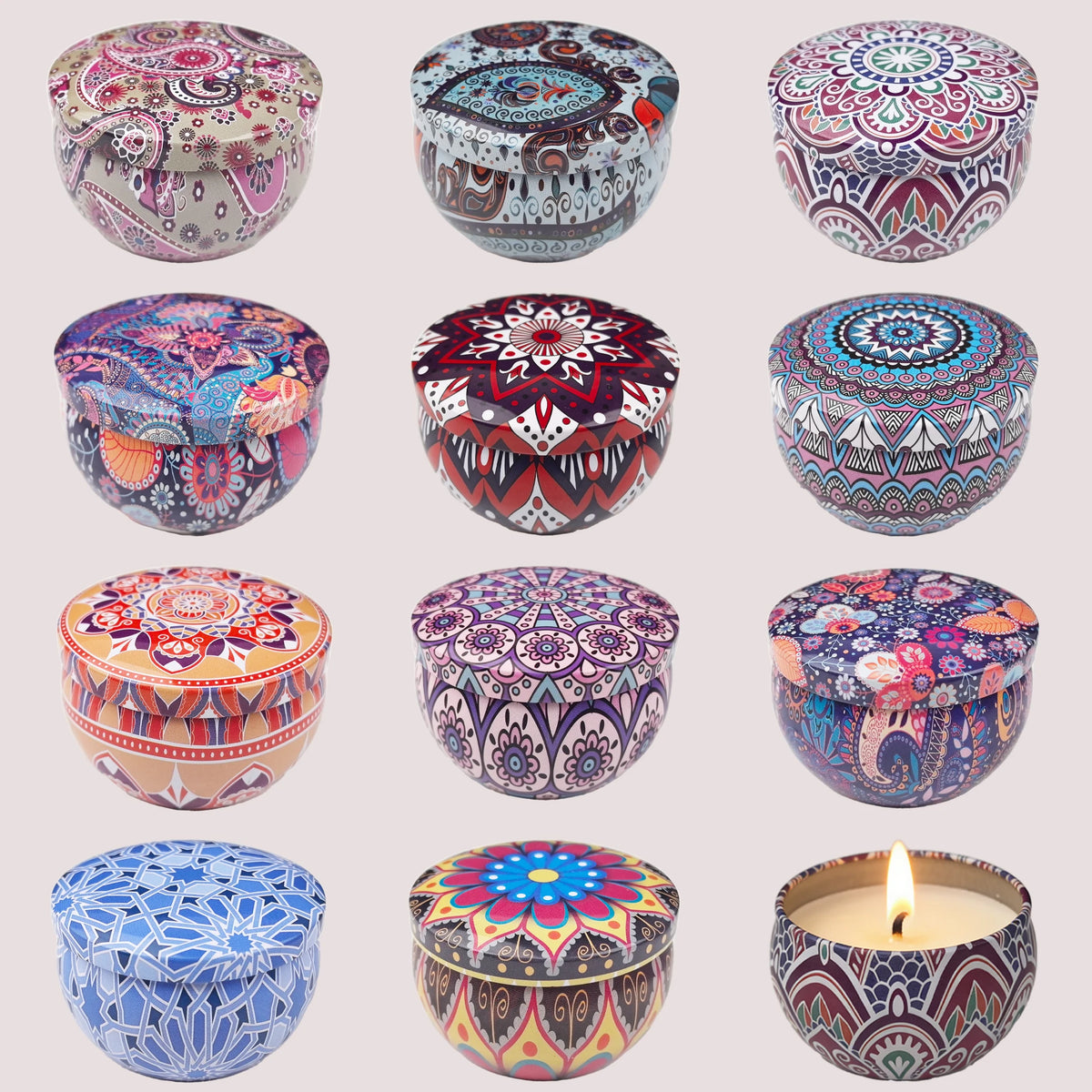 A collection of nine decorative aromatherapy soy wax candles in various intricate patterns and colors.