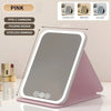 A pink USB rechargeable vanity mirror with a folding design and stepless dimming feature shown in various light modes.