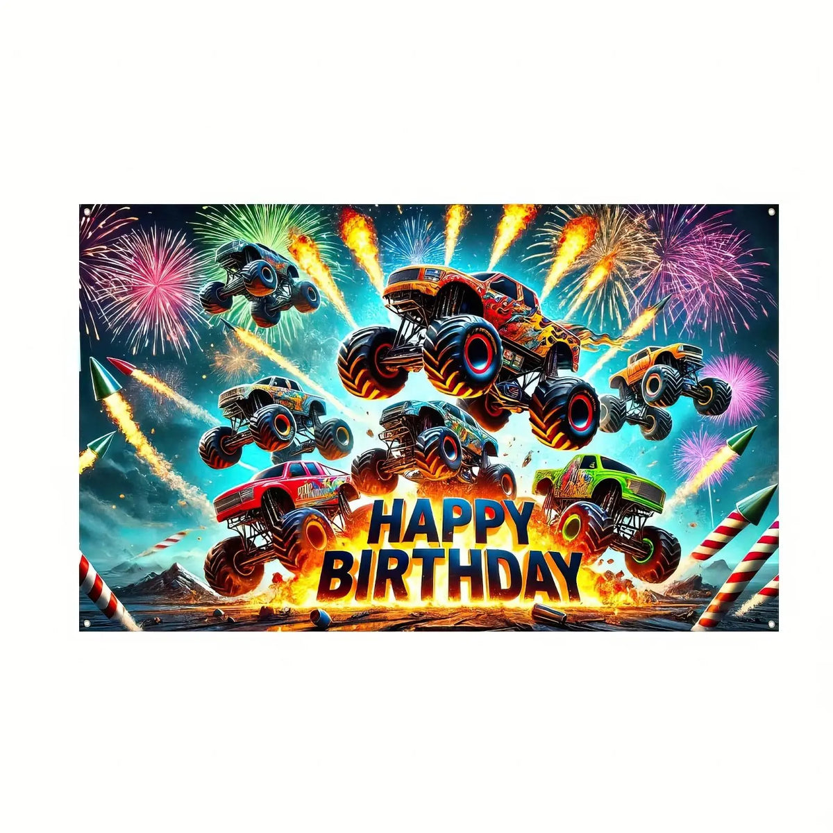 A banner featuring several monster trucks exploding with fireworks and a happy birthday message.