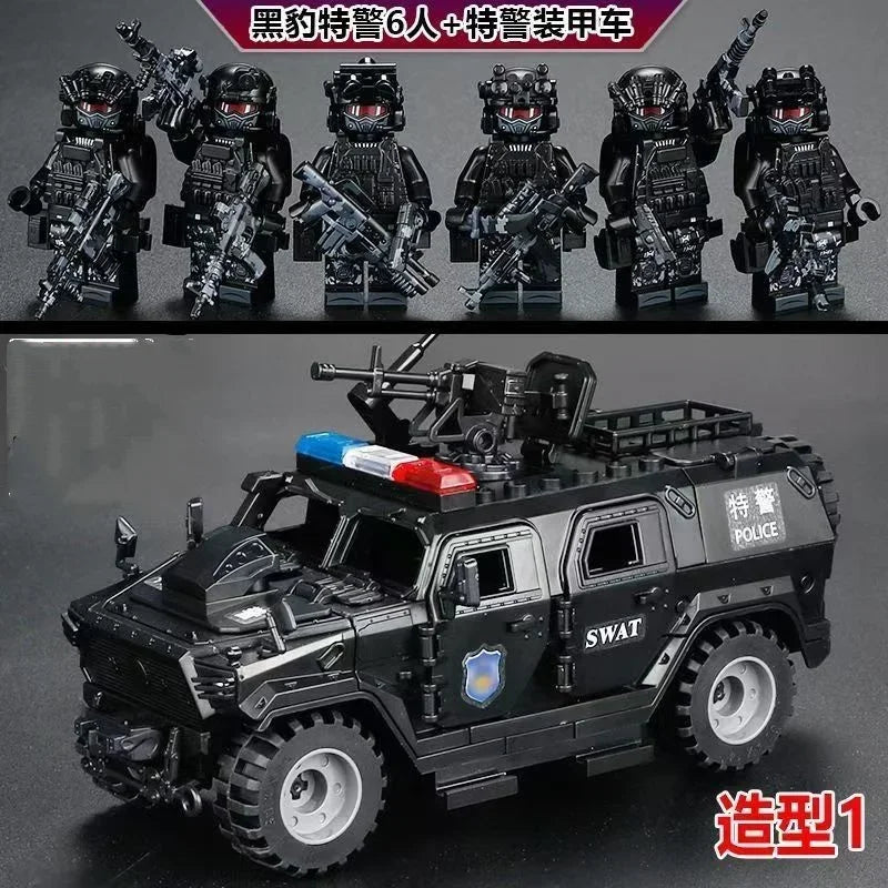 A set of six military police figures and a vehicle model built from building blocks.