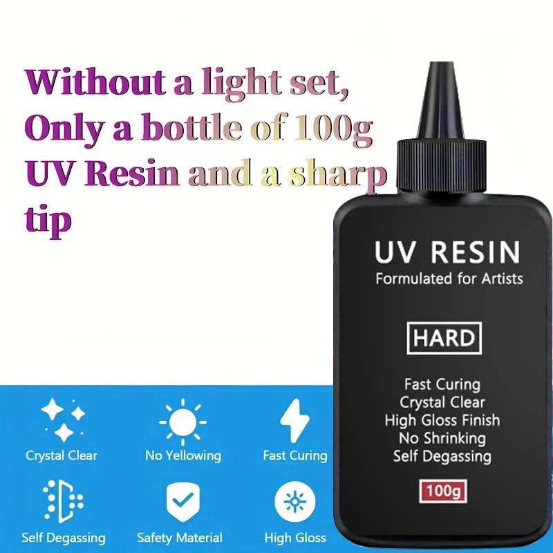 A bottle of 100g UV Resin formulated for artists, featuring hard crystal clear resin with fast curing and high gloss finish.
