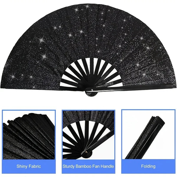 Black elegant foldable bamboo hand fan with a star pattern design and folding mechanism