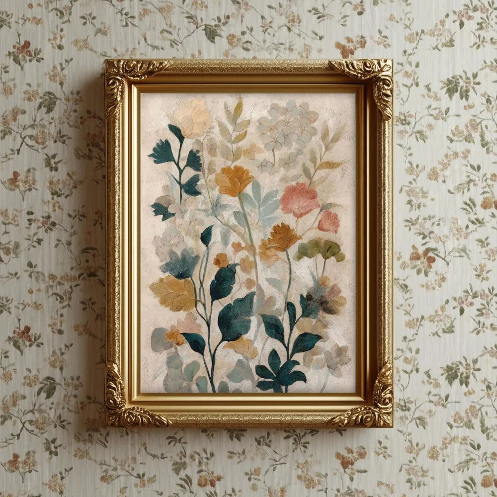 Gerahmte Leinwand-Wandkunst mit sanften erdigen Blumenmotiven in gedämpften Grüntönen, Blautönen und Rosa.
