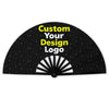 Black folding fan with yellow text that reads Custom Your Design Logo