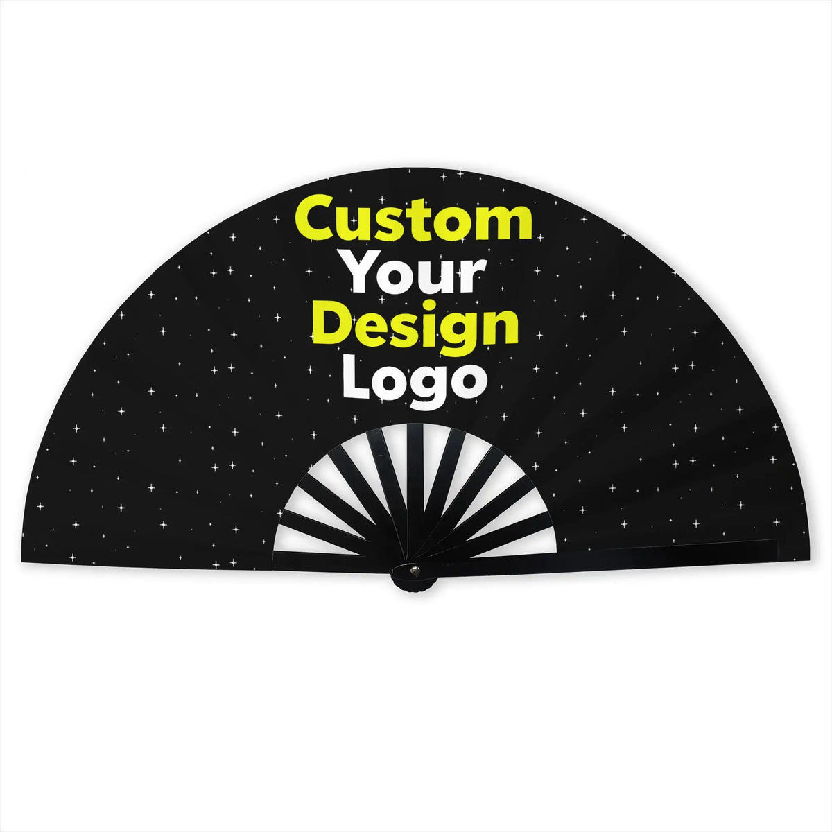 Black folding fan with yellow text that reads Custom Your Design Logo