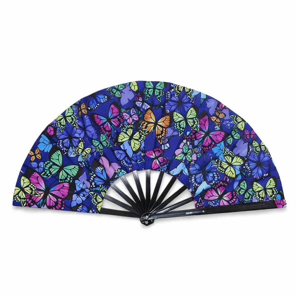 A folding rave hand fan with a vibrant pattern of iridescent blue, purple, and green butterfly shapes.