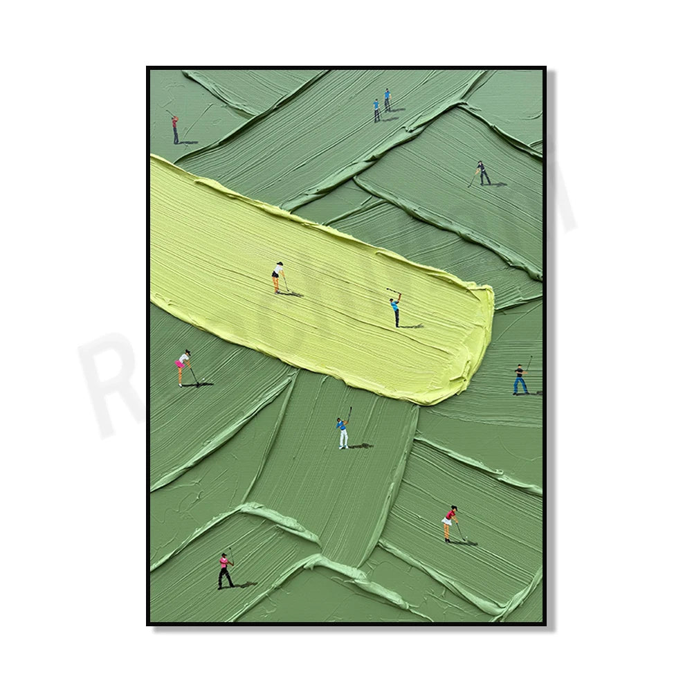 Abstract golf scene canvas art featuring minimalist figures and textured green and yellow tones on a canvas.