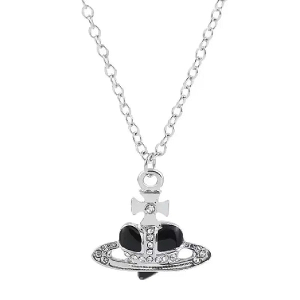 Silver pendant necklace featuring a diamond-inlaid Saturn design.