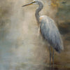 A painting of a slender, pale heron standing in shallow water with soft lighting.