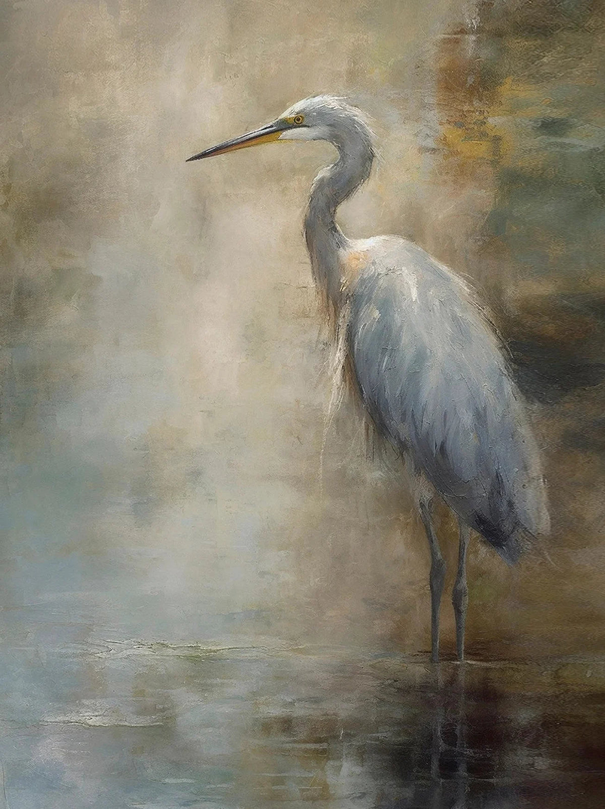 A painting of a slender, pale heron standing in shallow water with soft lighting.