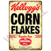 Vintage Kellogg's Corn Flakes product label plaque featuring red and black text on a distressed yellow background.