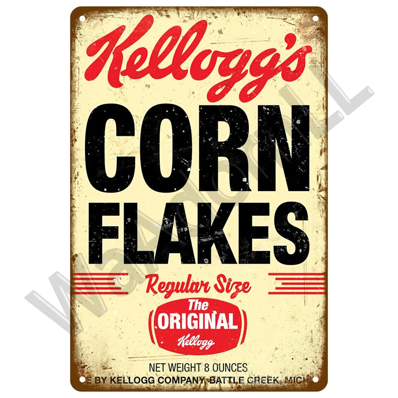 Vintage Kellogg's Corn Flakes product label plaque featuring red and black text on a distressed yellow background.