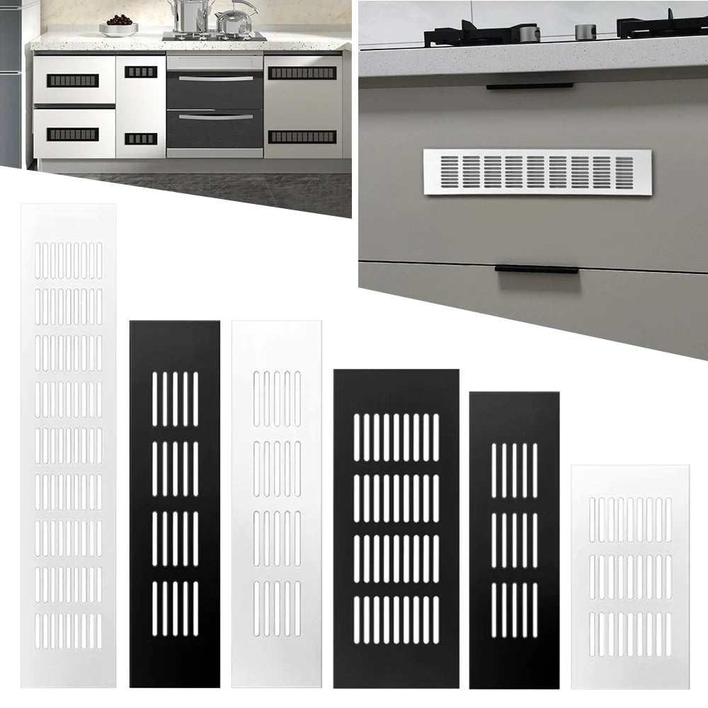 A set of rectangular aluminum alloy ventilation grilles for kitchen cabinets shown in black and white.