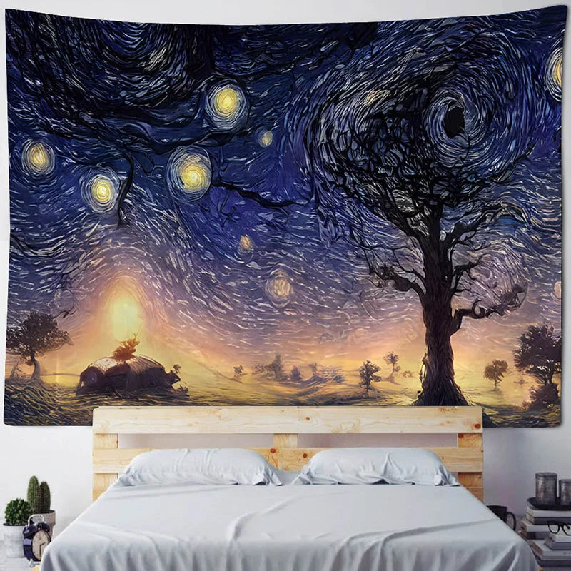 A tapestry depicting a dark night sky filled with stars and a silhouette of a tree against an orange horizon.