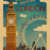 A vintage-style poster featuring a clock tower and London text on a light blue background.