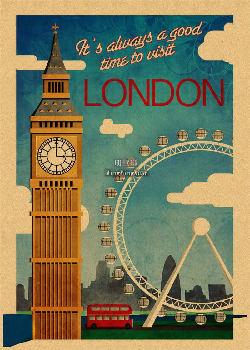 A vintage-style poster featuring a clock tower and London text on a light blue background.