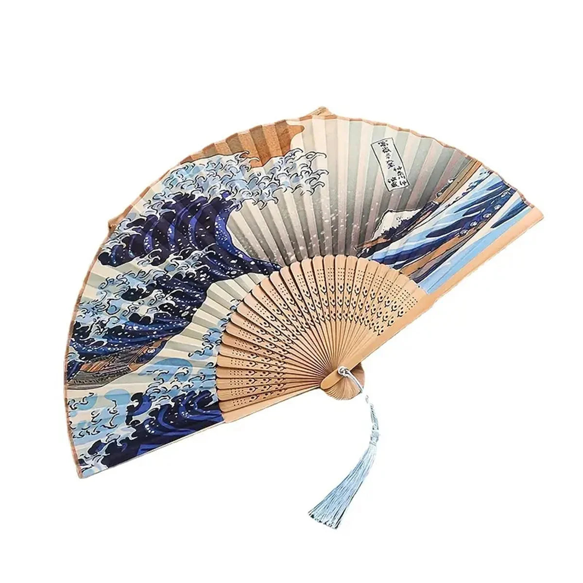 Japanese foldable hand fan featuring a blue and white Kanagawa wave design on a natural wood background