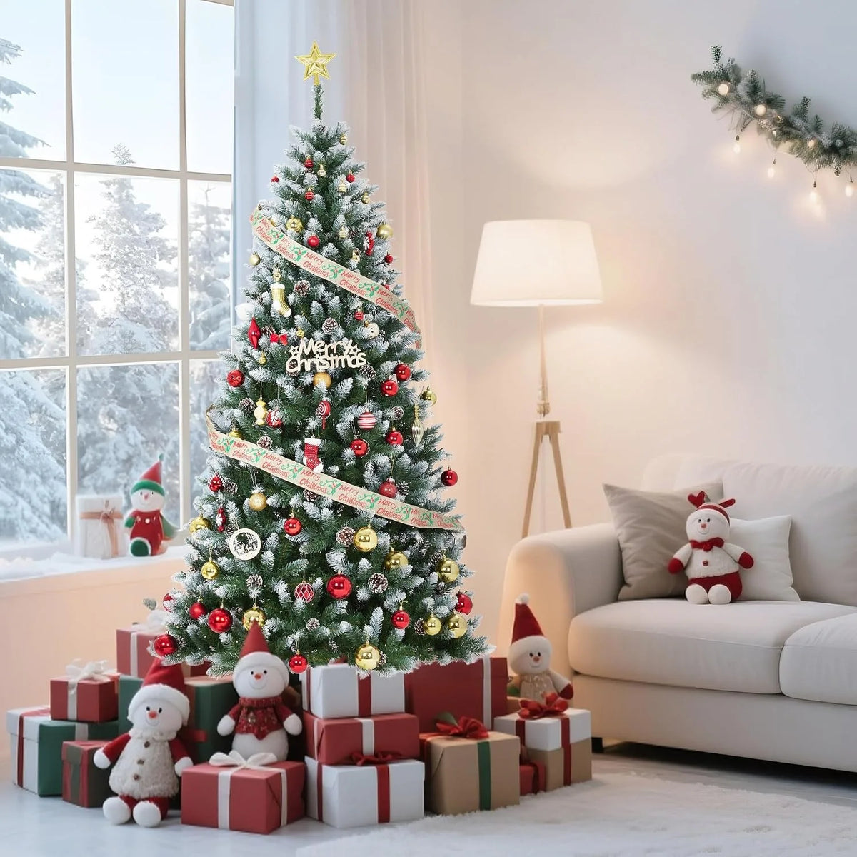 A flocked artificial Christmas tree decorated with red and green ornaments and warm white lights in a bright room.