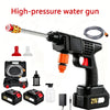 A black high-pressure water gun is shown with a hose, two batteries, and accessories for cleaning.