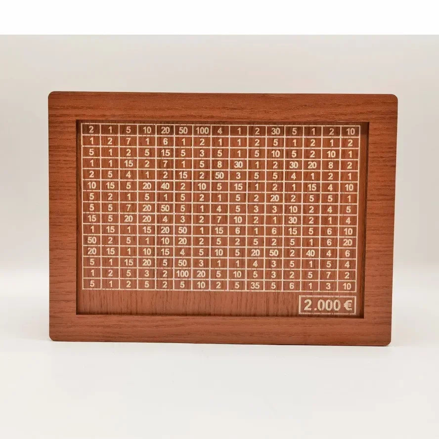 A wooden money saving box with a grid tracker for goals, featuring various numbered slots.