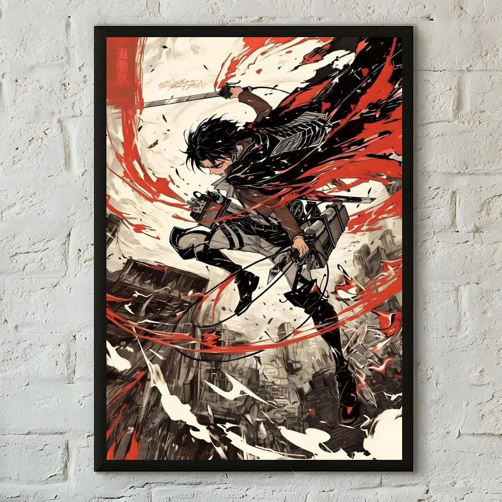 A dynamic illustration of an Attack on Titan character in a dark costume amidst splashes of red and black paint.