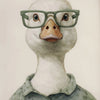 Watercolor portrait of a white Highland cow wearing green glasses and a collared shirt