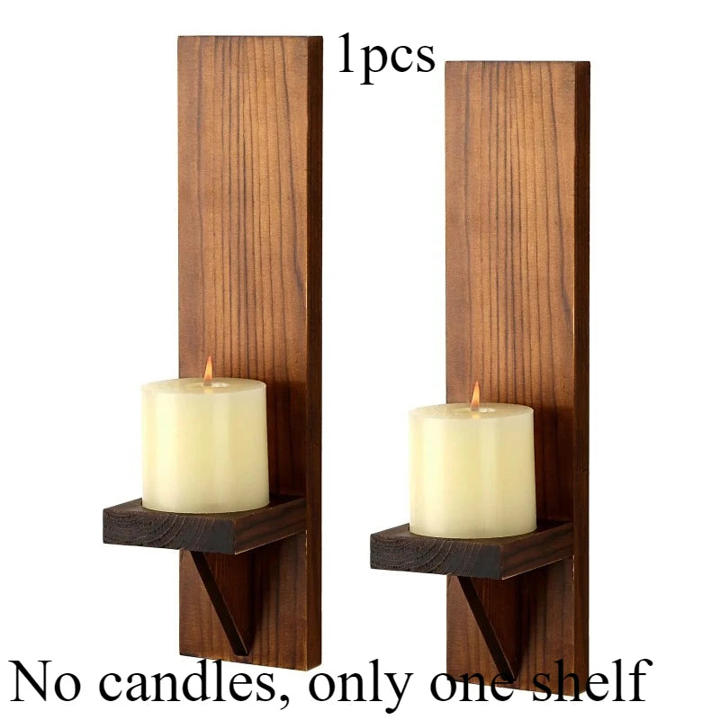 A pair of dark brown wooden wall shelves designed to hold candles.