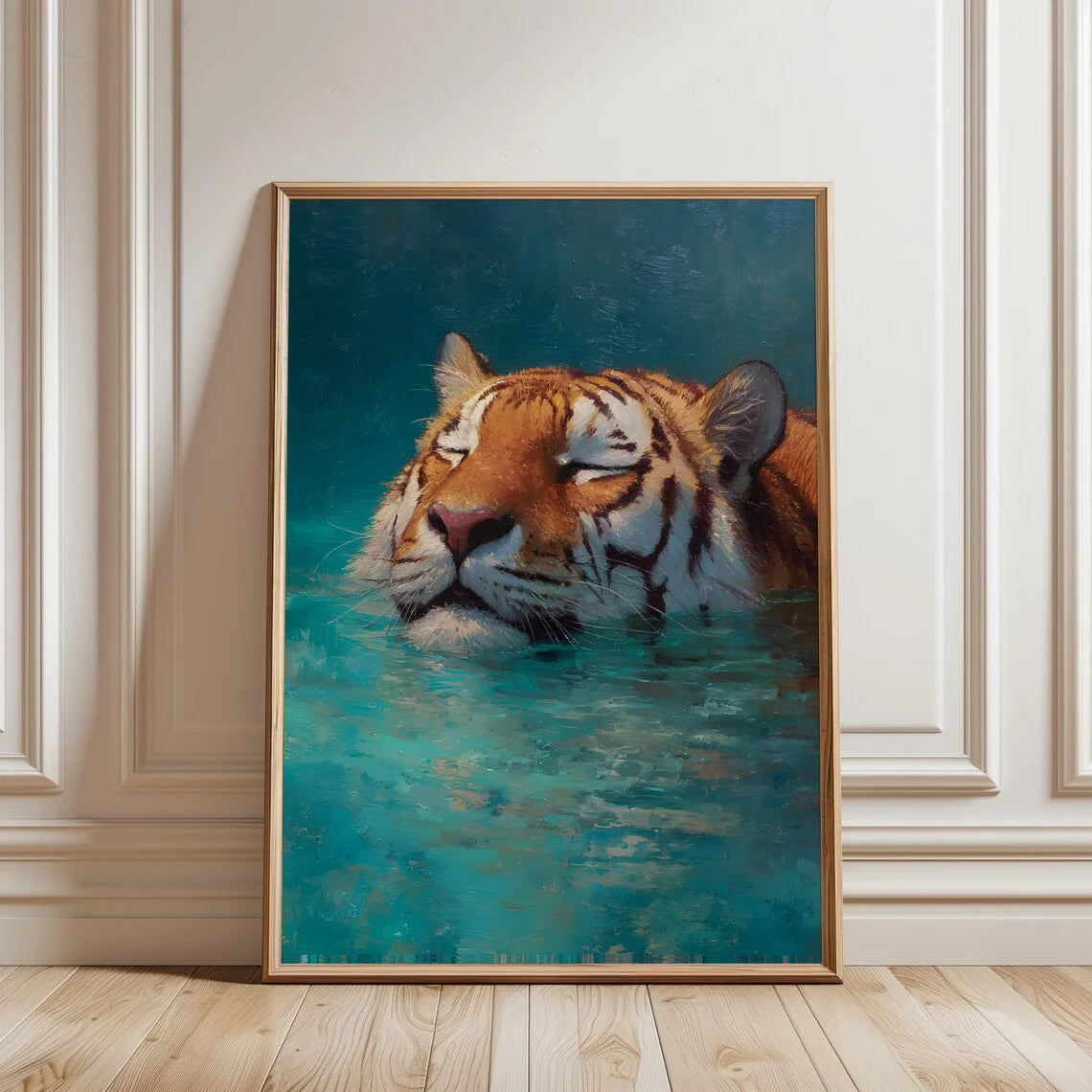 A painting of a tiger's face submerged in turquoise water against a dark blue background.