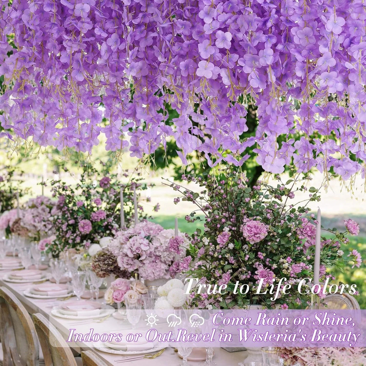 Purple artificial wisteria flower garland hanging outdoors in a garden setting.