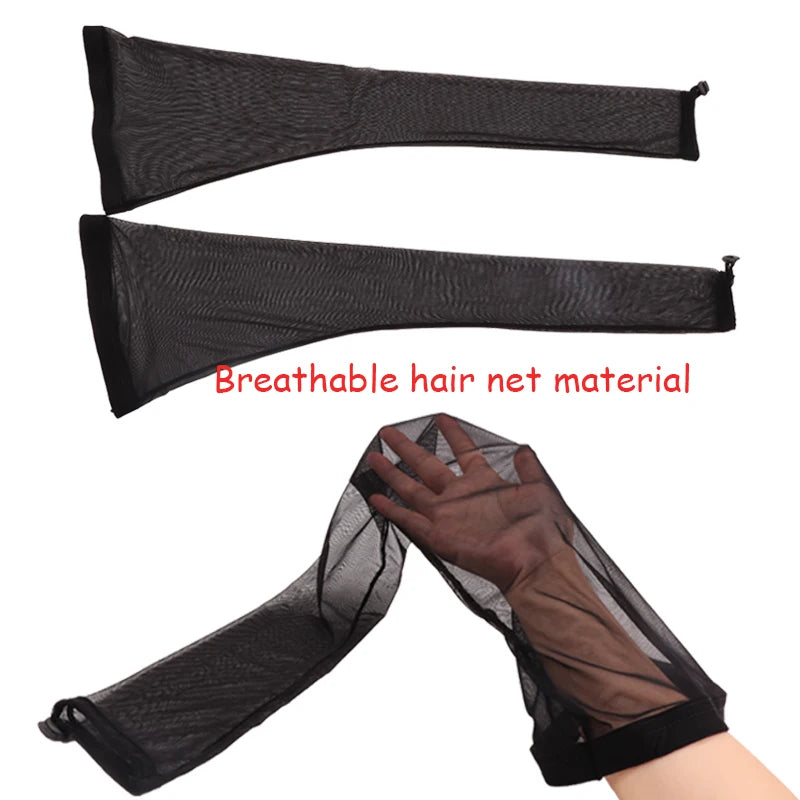 Black breathable hair net material shown as a headband and a long sleeve for dreadlocks