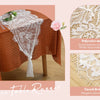 A white embroidered lace table runner draped over a rust-colored tablecloth, featuring a delicate floral design.