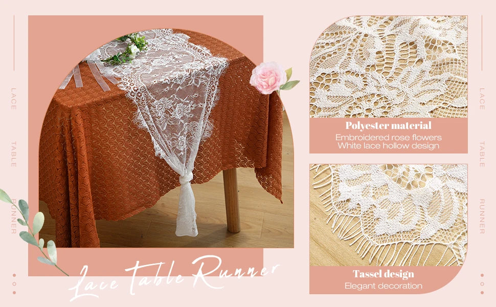 A white embroidered lace table runner draped over a rust-colored tablecloth, featuring a delicate floral design.
