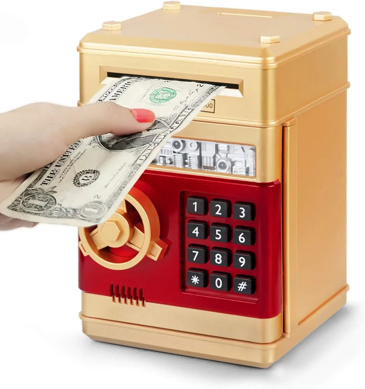 A hand is inserting a banknote into a gold and red combination lock piggy bank.