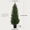 A tall artificial cedar topiary tree in a black pot, showing its height and dimensions.