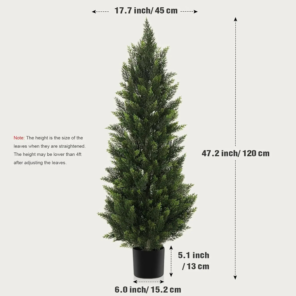 A tall artificial cedar topiary tree in a black pot, showing its height and dimensions.