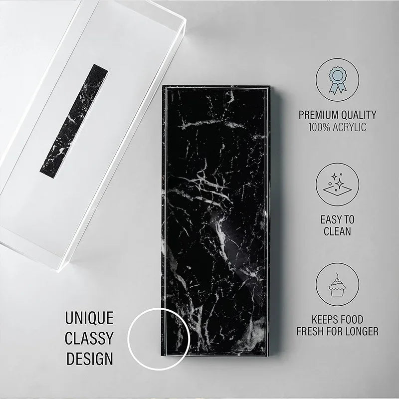 A rectangular black marbleized acrylic dessert display with a lid, shown next to a clear acrylic box.