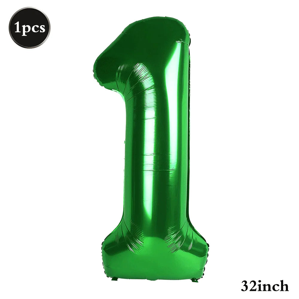 A shiny green foil number balloon shaped like the number 1, measuring 32 inches.