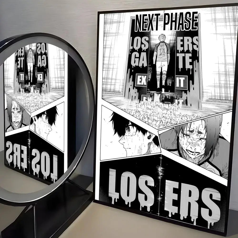 A canvas print featuring characters and text from the Blue Lock anime, including 'NEXT PHASE' and 'LOSERS'.