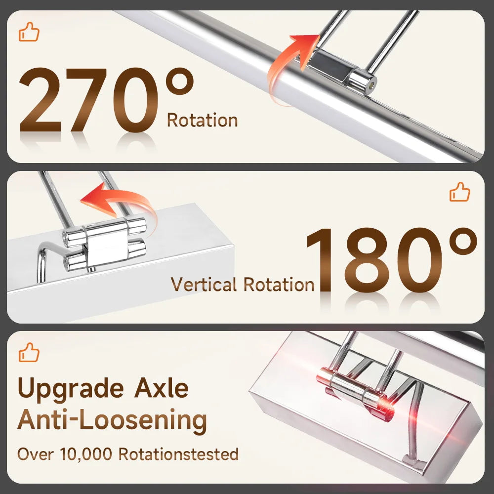 LED mirror light featuring 270 degree and 180 degree rotation capabilities with an upgrade anti-loosening axle.