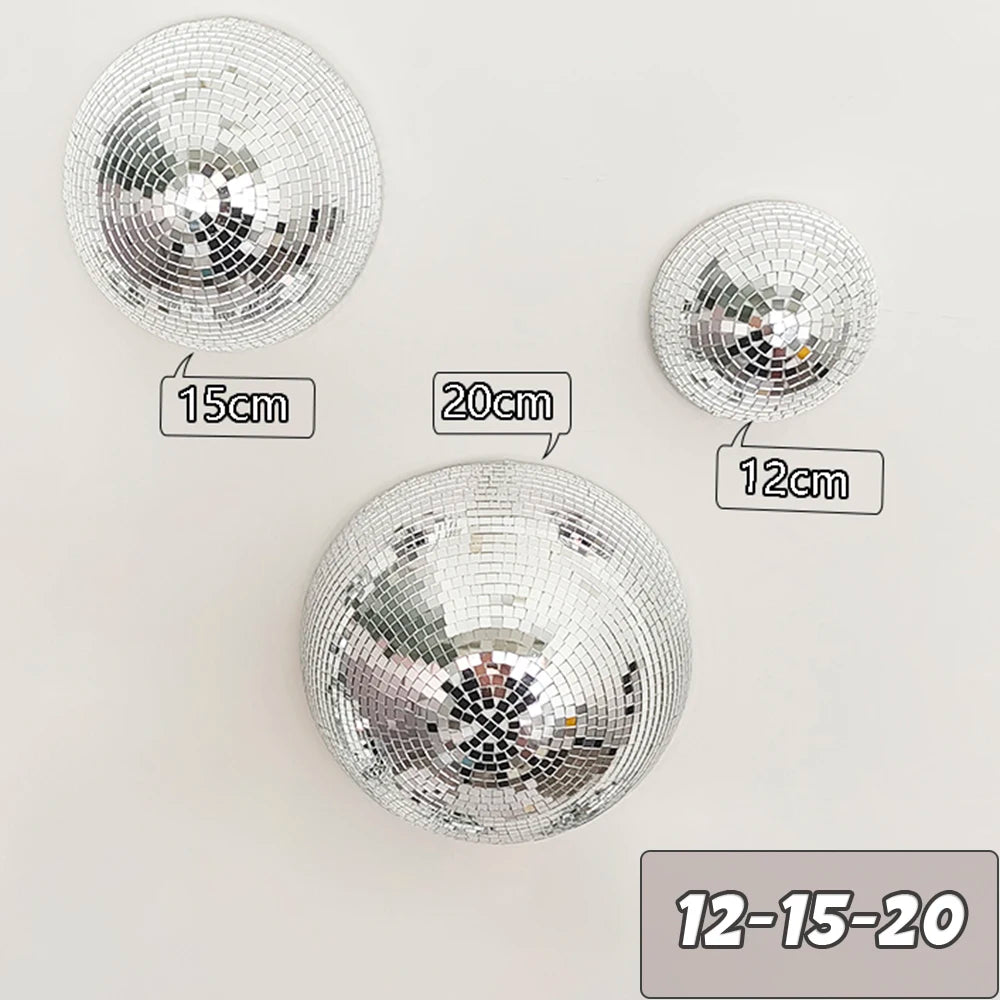 Silver disco balls of various sizes, including 15cm, 20cm, and 12cm.