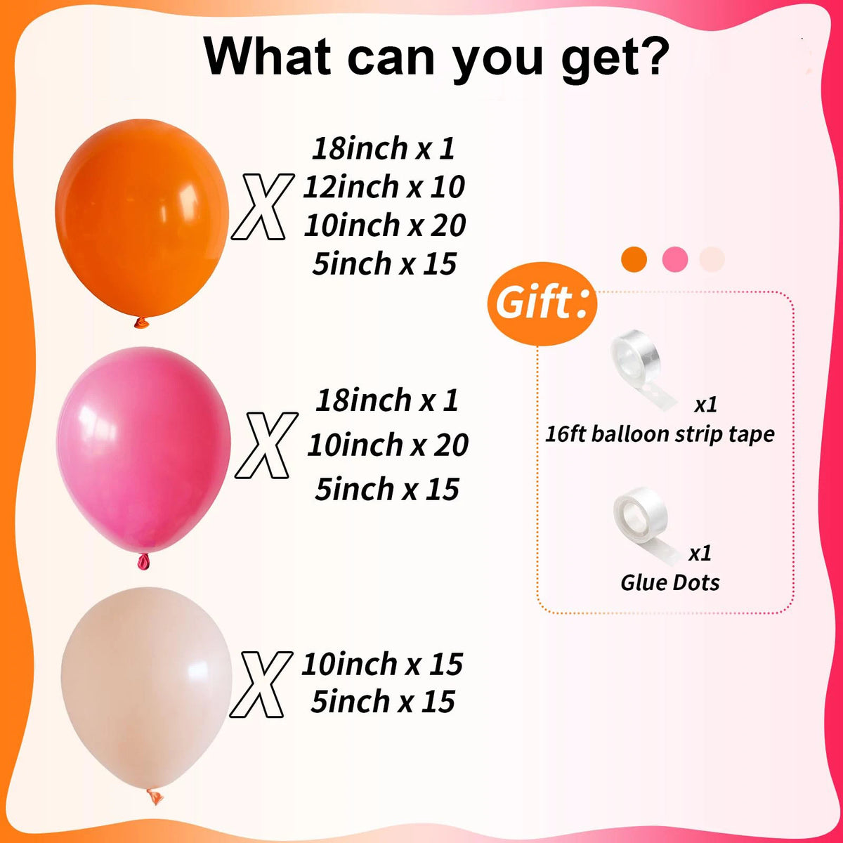 A kit containing various sized balloons and accessories like balloon strip tape and glue dots for party decor.