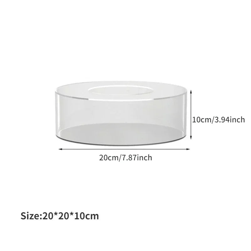 Clear acrylic cake stand display box measuring 20cm by 20cm with a height of 10cm