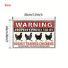 Vintage metal tin sign warning property protected by highly trained chickens