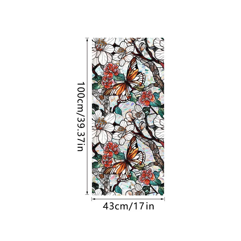 Botanical print static cling window film featuring orange and white flowers and butterfly motifs on a dark background