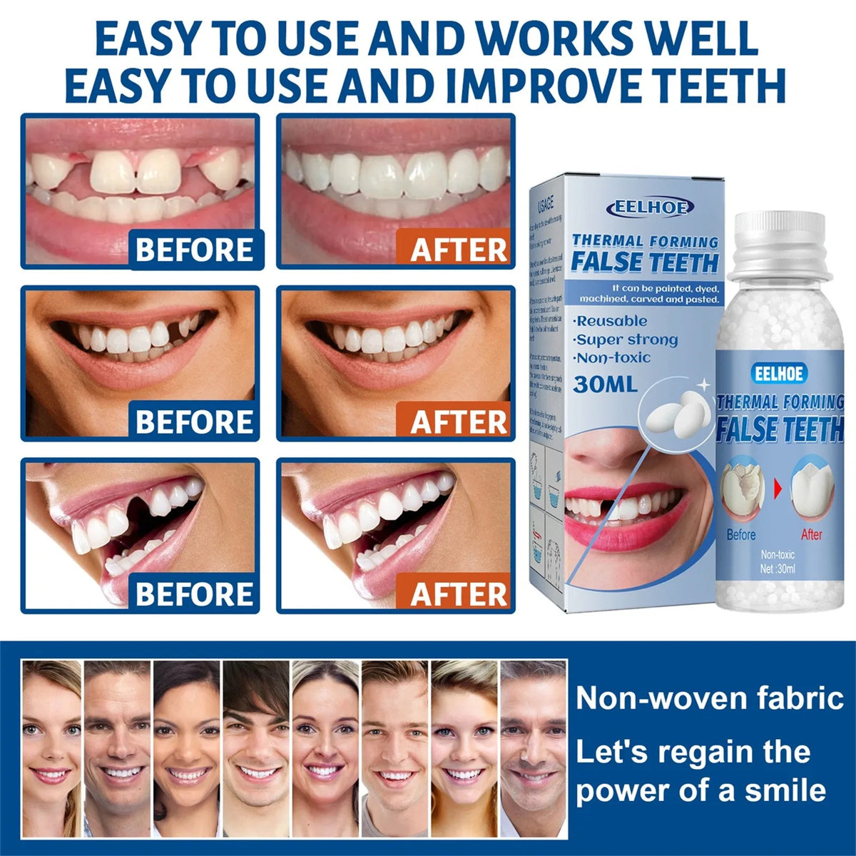 A package of thermal forming false teeth for temporary tooth repair and cosmetic use.